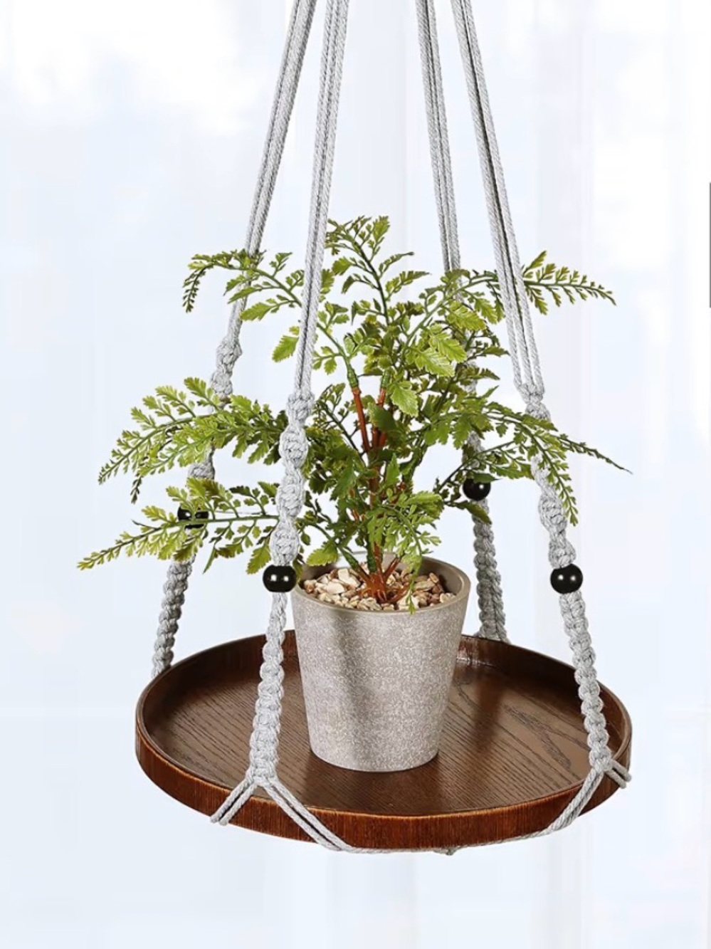Macrame Plant Hanger with 12” Wood Shelf Indoor Light Gray New Home Decor - Picture 11 of 12